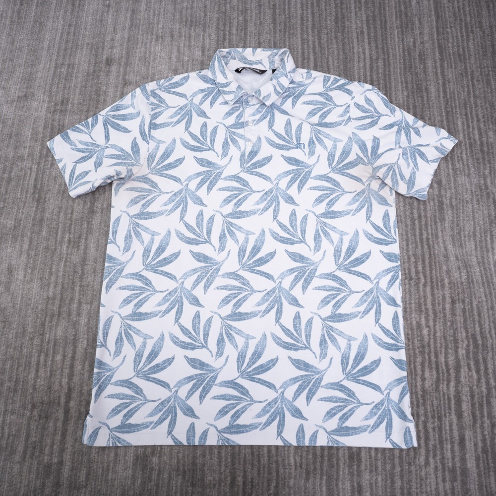 Travis Mathew Polo Shirt Mens Large White Blue Leaf Print Excellent Golf Casual